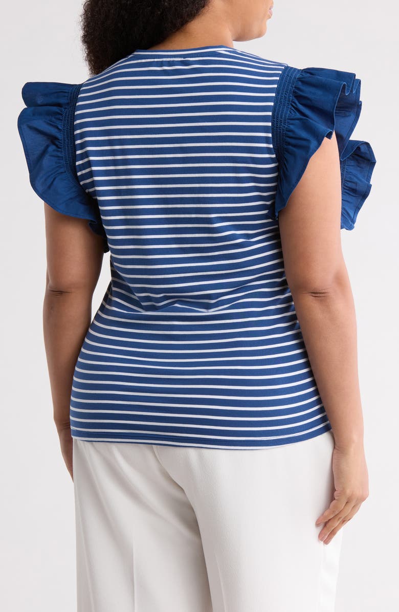 BY DESIGN Geneva Stripe Poplin Ruffle Sleeve T-Shirt, Alternate, color, Navy Peony/ White