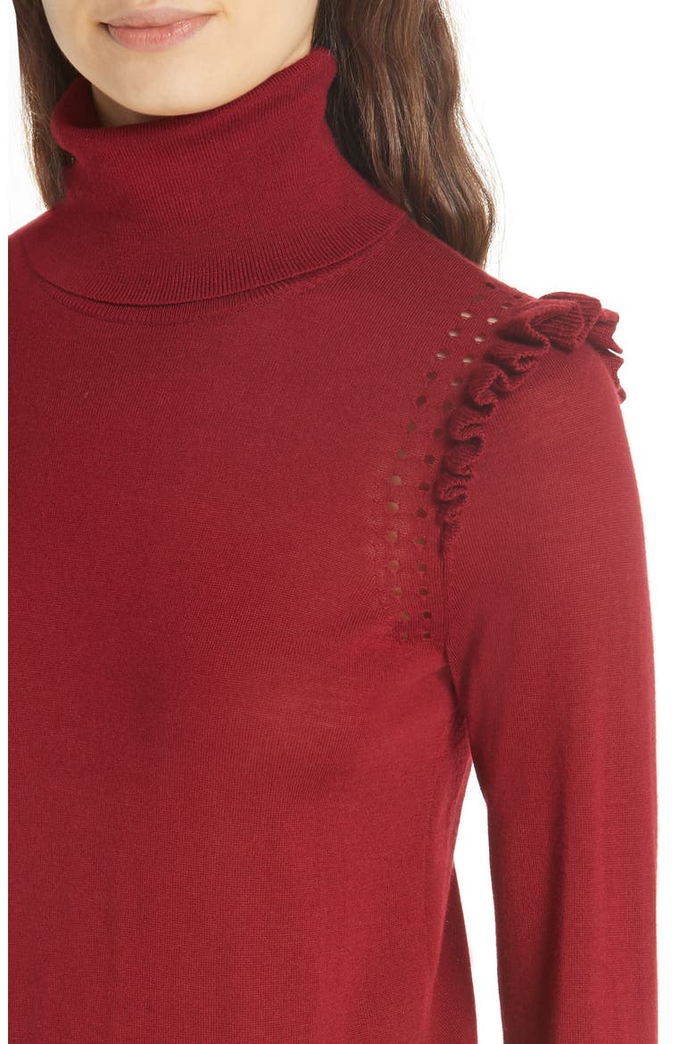 kate spade new york ruffle turtleneck sweater, Alternate, color, DEEP RUSSET