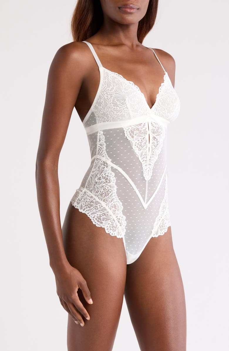 Hunkemöller Posie Mesh & Lace Bodysuit, Alternate, color, Snow White
