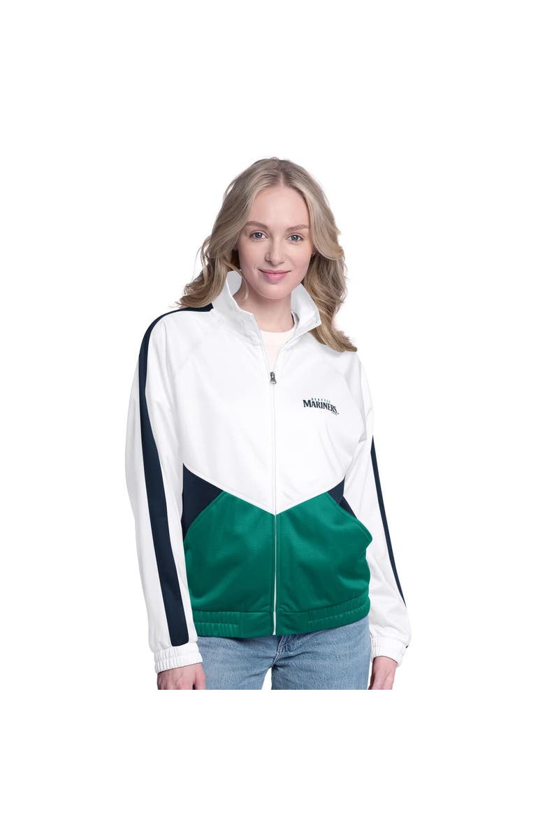 G-III SPORTS BY CARL BANKS Women's G-III Sports by Carl Banks White/Navy Seattle Mariners Rally Rhinestone Raglan Full-Zip Track Jacket, Main, color, White