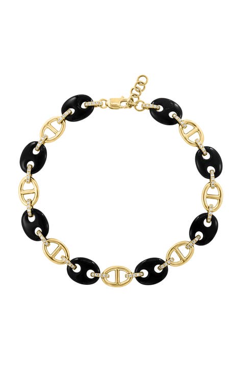 14K Yellow Gold Diamond Onyx Link Bracelet