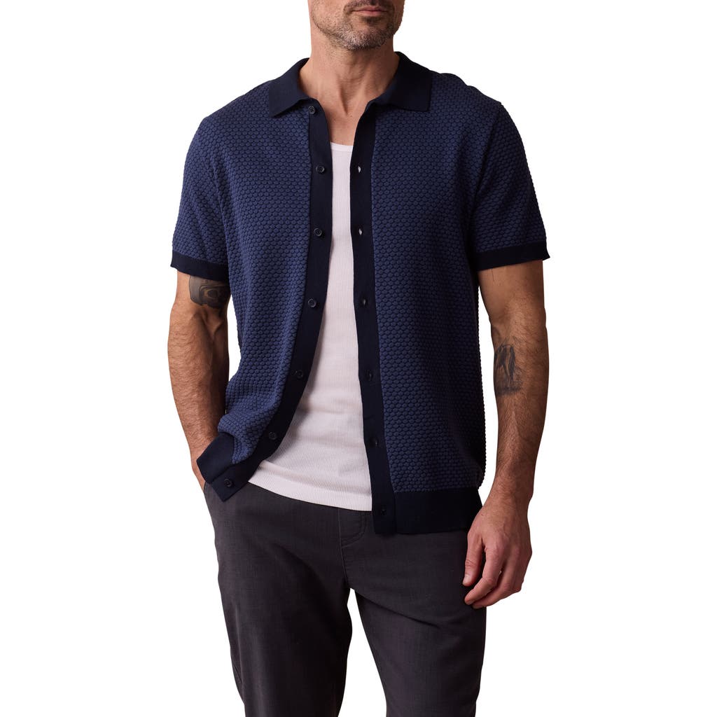 The Normal Brand Robles Jacquard Knit Short Sleeve Button-up Shirt In Denim/navy