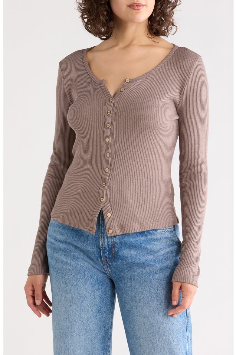 Button Front Long Sleeve Ribbed Top, Main, color, MOCHA