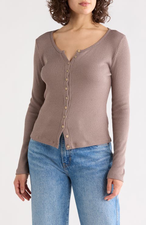 Button Front Long Sleeve Ribbed Top