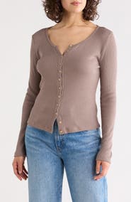 Renee C Button Front Long Sleeve Ribbed Top
