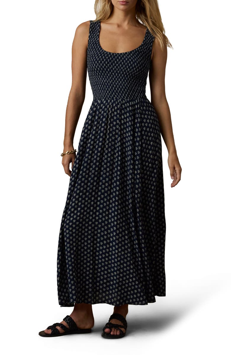 Faherty Sophia Smocked Sleeveless Maxi Dress, Main, color, Navy Lotus Floral