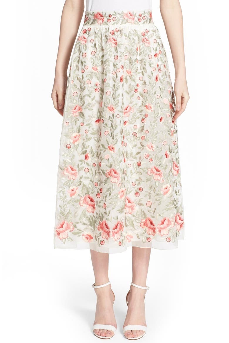 'Marianne' Floral Embroidered Silk Organza Skirt, Main, color, IVORY MULTI