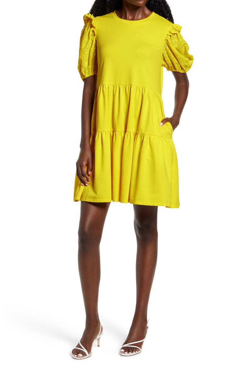 Eyelet Sleeve Knit Dress, Main, color, YELLOW