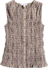 NEXT Smocked Gingham Cotton Button-Up Shirt