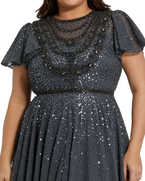 Mac Duggal Sheer Flutter Sleeve Beaded Fluffy Net Gown In Charcoal