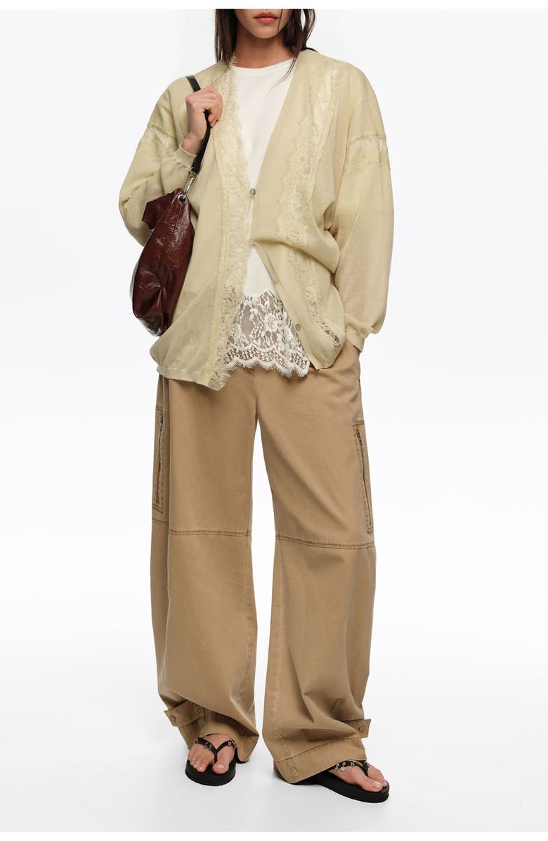 Bimba y Lola Long Cotton and Linen Cardigan With Lace Trim, Alternate, color, Light Green