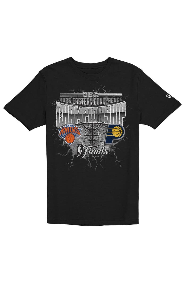 New Era Men's New Era Black Indiana Pacers vs. New York Knicks 2025 Eastern Conference Finals Matchup Distressed Graphic T-Shirt, Alternate, color, 