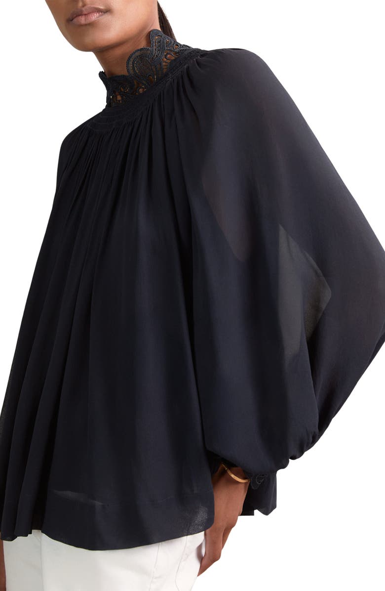 Reiss Czara Lace Accent Smocked Yoke Top, Main, color, Navy