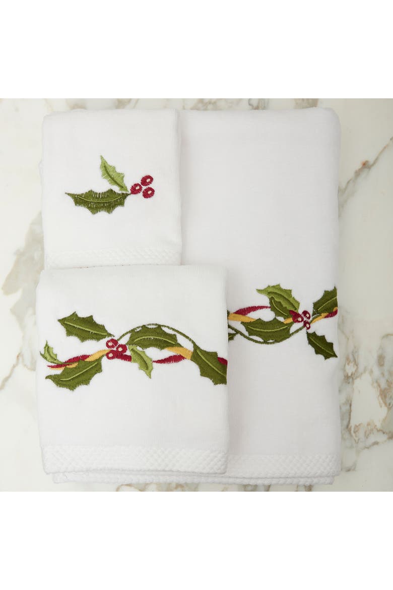 Holly Ribbon Christmas 3-Piece Kitchen & Bathroom Dishtowel Set of 3, Alternate, color, White