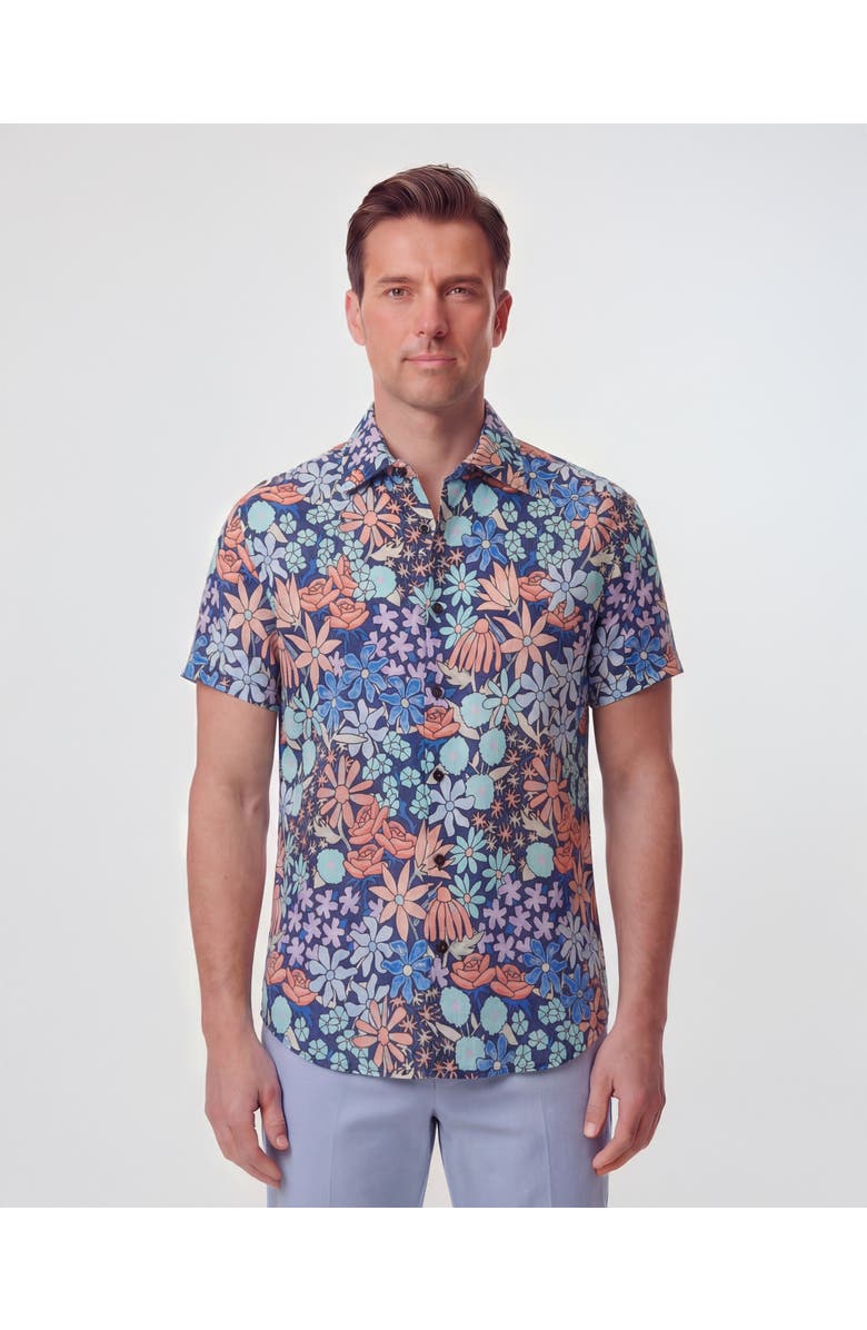 Lords of Harlech Rough Floral Short Sleeve Fine Linen Shirt, Alternate, color, Rough Floral Navy