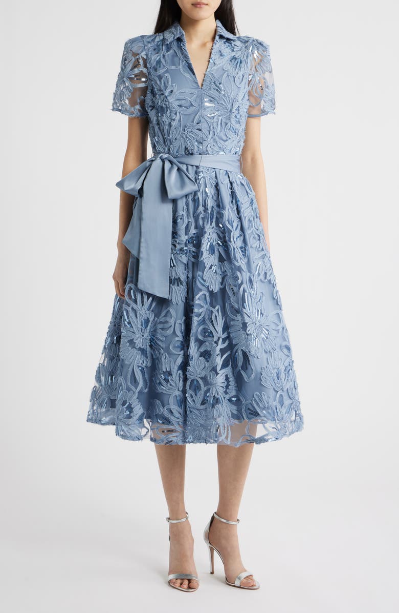 Tahari ASL Sequin Soutache Lace Cocktail Midi Dress, Main, color, Sky Blue