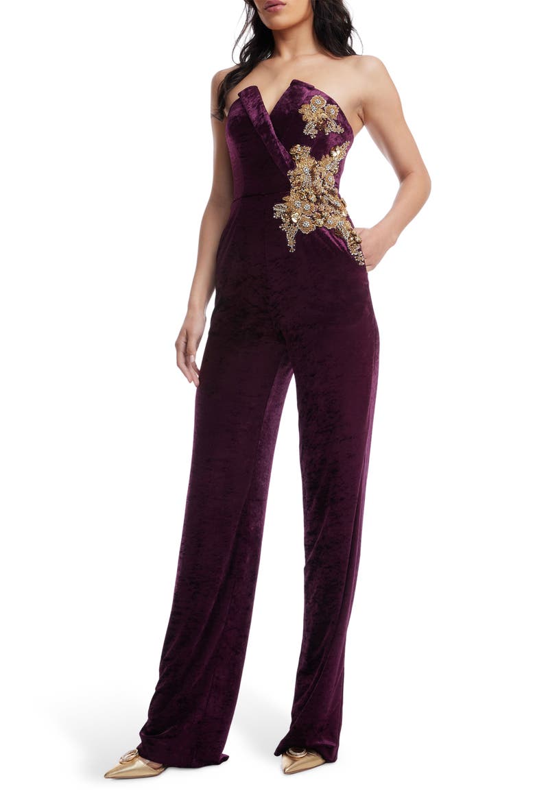 Beck Sequin Strapless Velvet Jumpsuit, Alternate, color, DEEP PLUM
