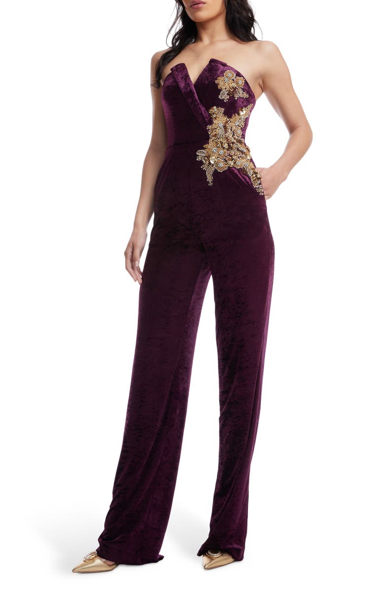 Dress the Population Beck Sequin Strapless Velvet Jumpsuit, Alternate, color, Deep Plum