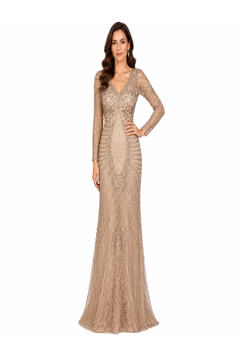 Long Sleeve Beaded Maxi Gown, Main, color, Nude