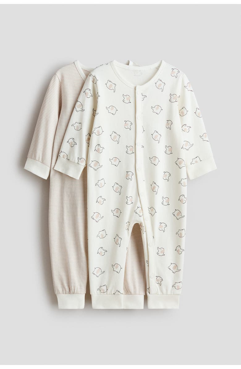 H&M 2-pack cotton pajama jumpsuits, Main, color, Light Beige/Elephants