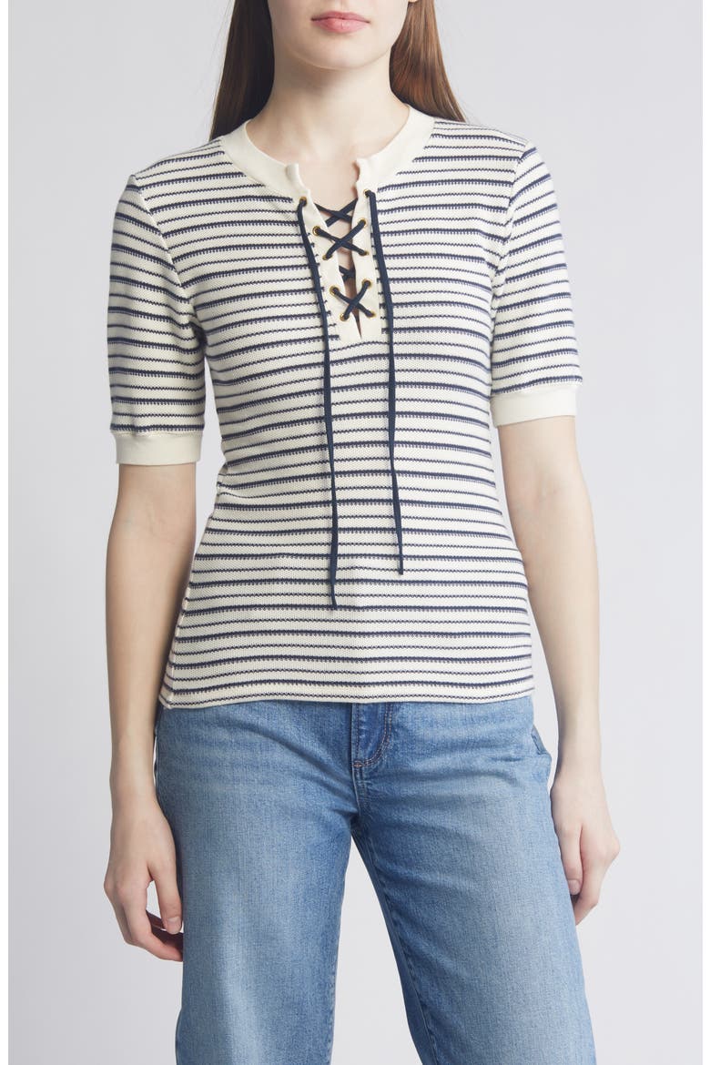 Reeve Lace Up Cotton Knit Top, Main, color, FREEHAND STRIPE
