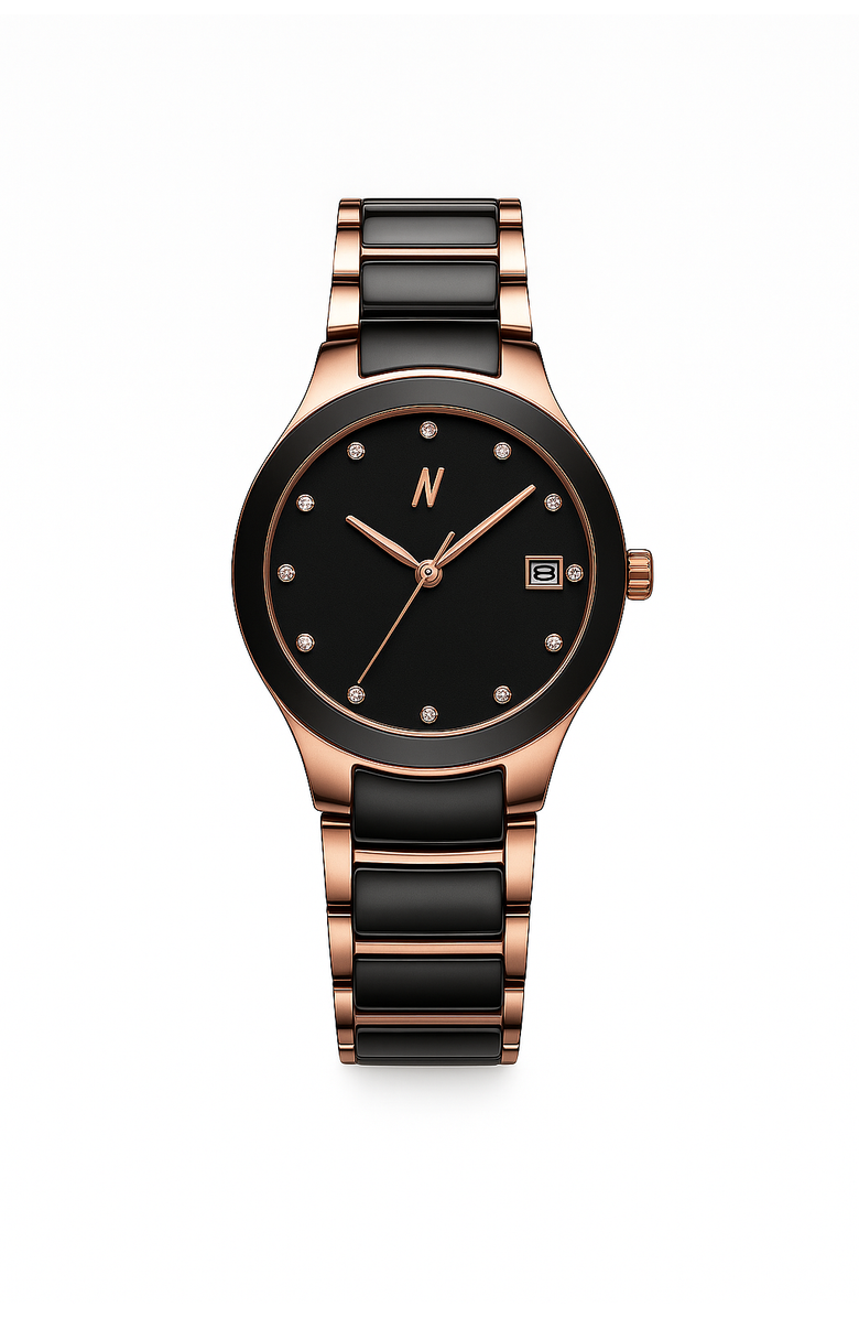 NCMPRBL Petite Link Miracle Ceramic Bracelet Watch, 34MM, Main, color, Black/Rose Gold