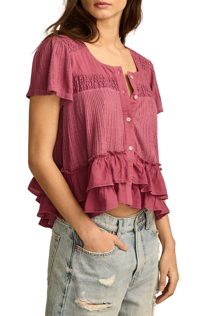 Lucky Brand Ruffle Short Sleeve Button-Up Top, Alternate, color, 