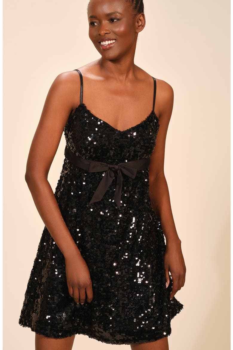 Sequin Tie Waist A-Line Minidress, Alternate, color, BLACK