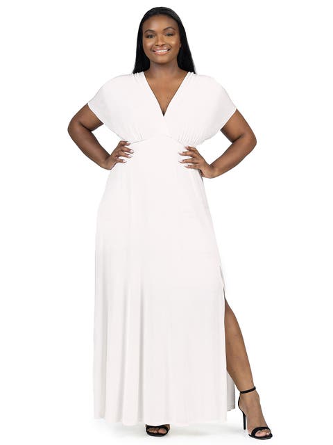 Plus Size  Flutter Sleeve Metallic Knit Maxi Dress Front Slit Empire Waist