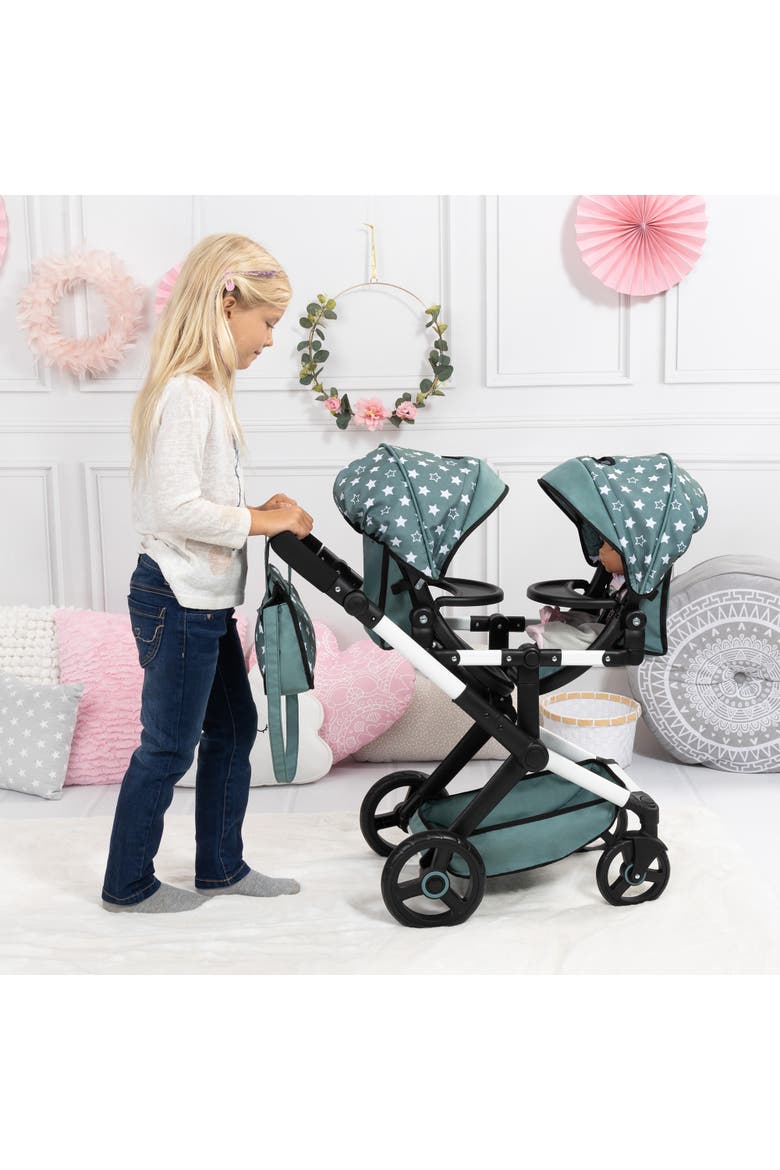 Pram Xeo Twin, Green & White Stars, Seats 2 Dolls Up to 18 Inch, Alternate, color, Multicolored