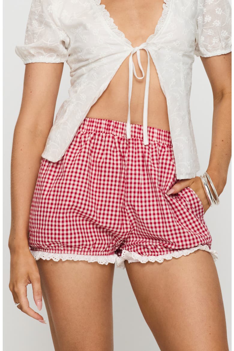 Bruncheon Check Lace Trim Shorts, Main, color, RED/ WHITE