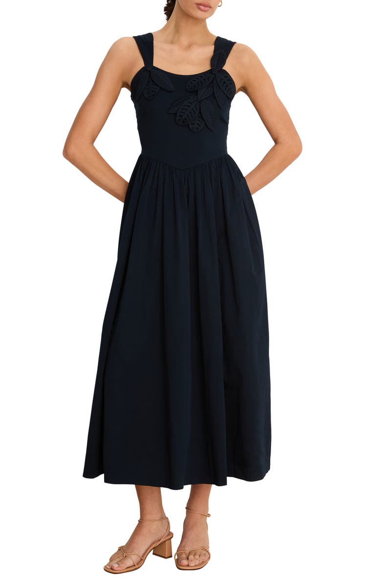 NIC+ZOE Eloise Floral Leaf Appliqué Stretch Cotton Fit & Flare Midi Dress, Main, color, Dark Indigo