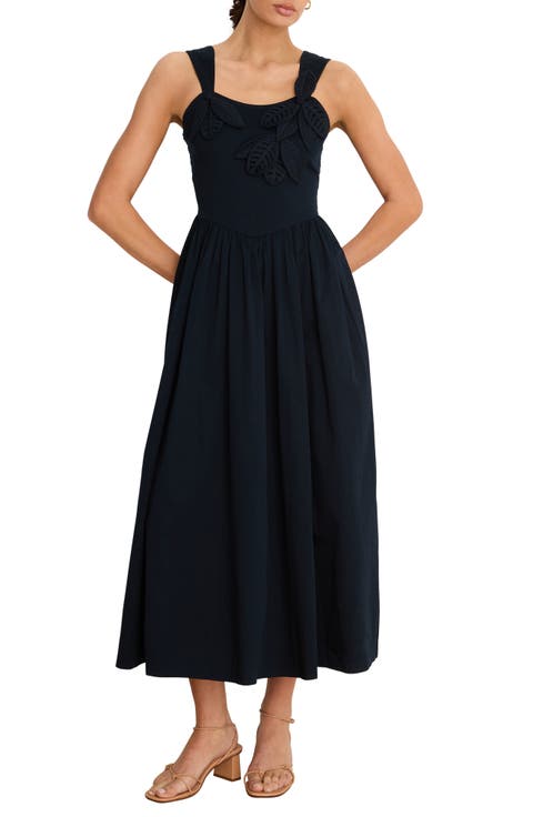 Eloise Floral Leaf Appliqué Stretch Cotton Fit & Flare Midi Dress