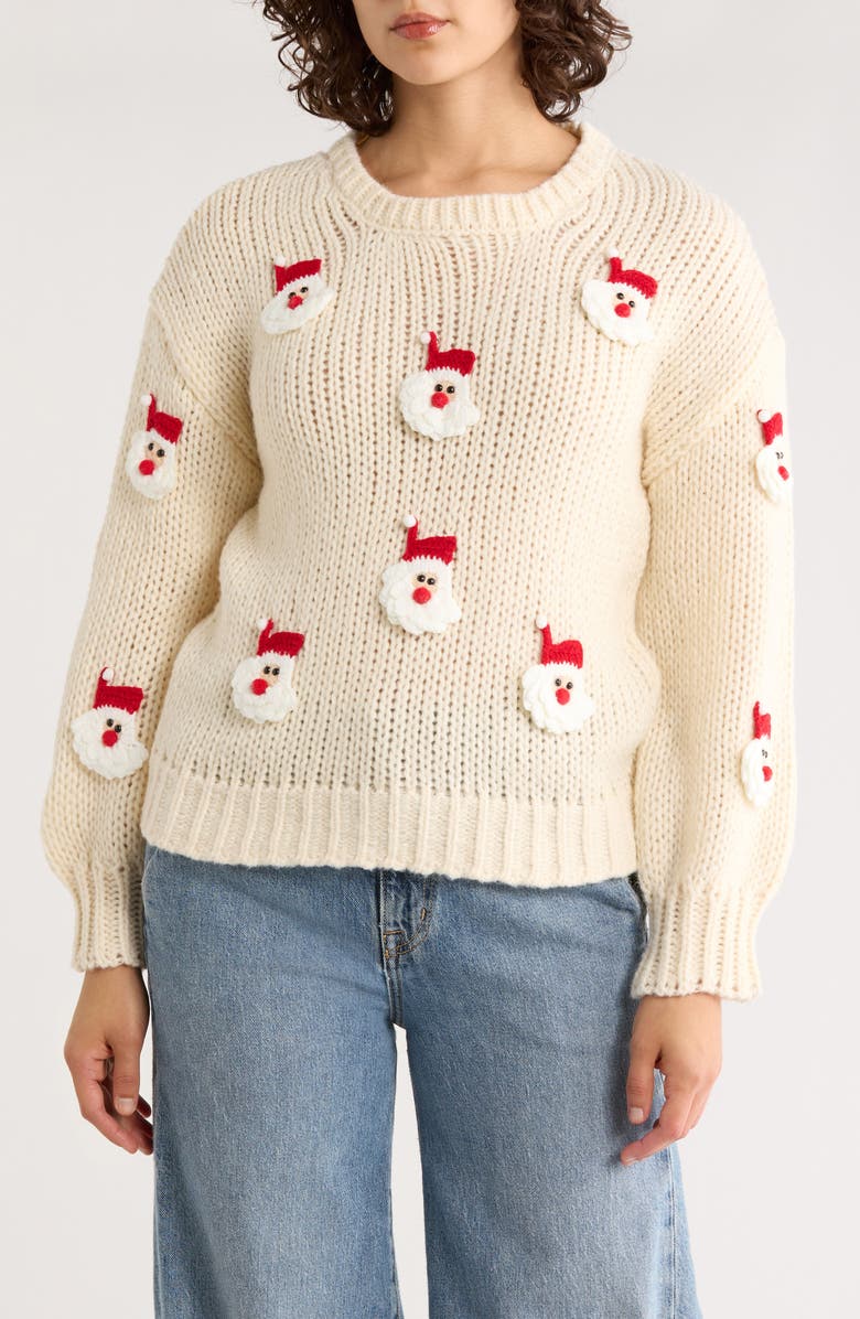 Roffe Accessories Embroidered Santa Claus Sweater, Main, color, Ivory