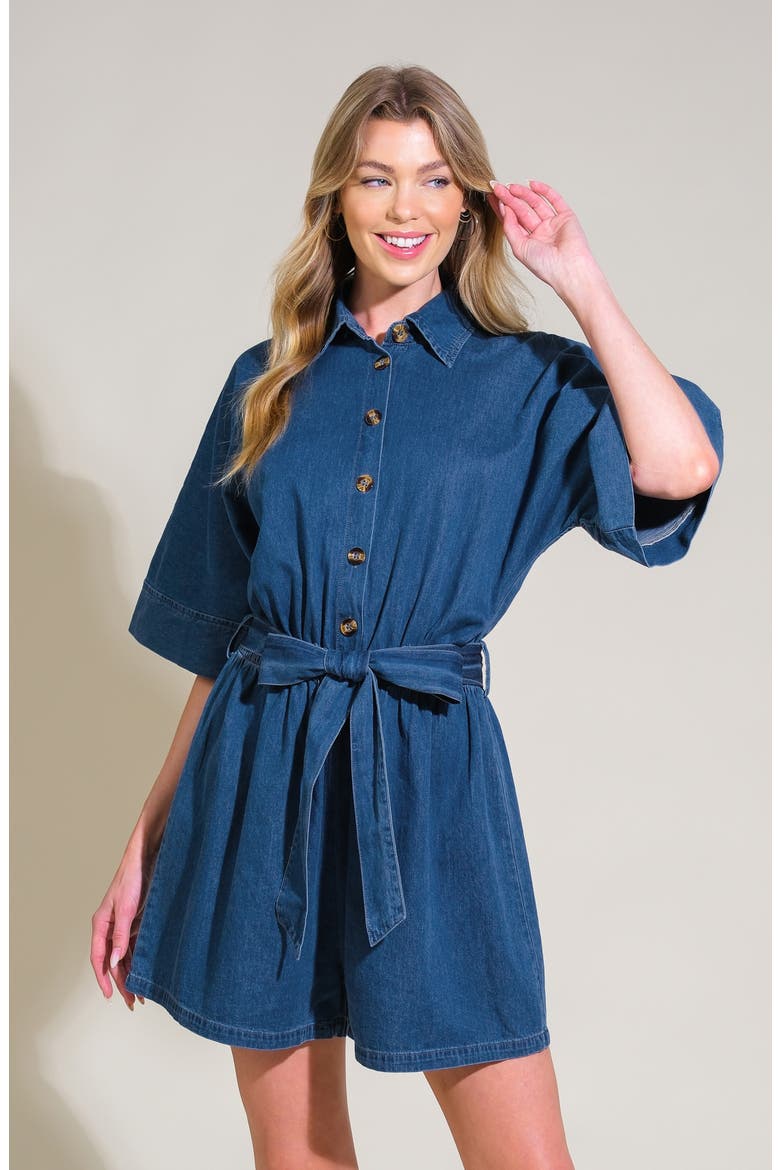 Chambray Tie Waist Romper, Alternate, color, MEDIUM INDIGO
