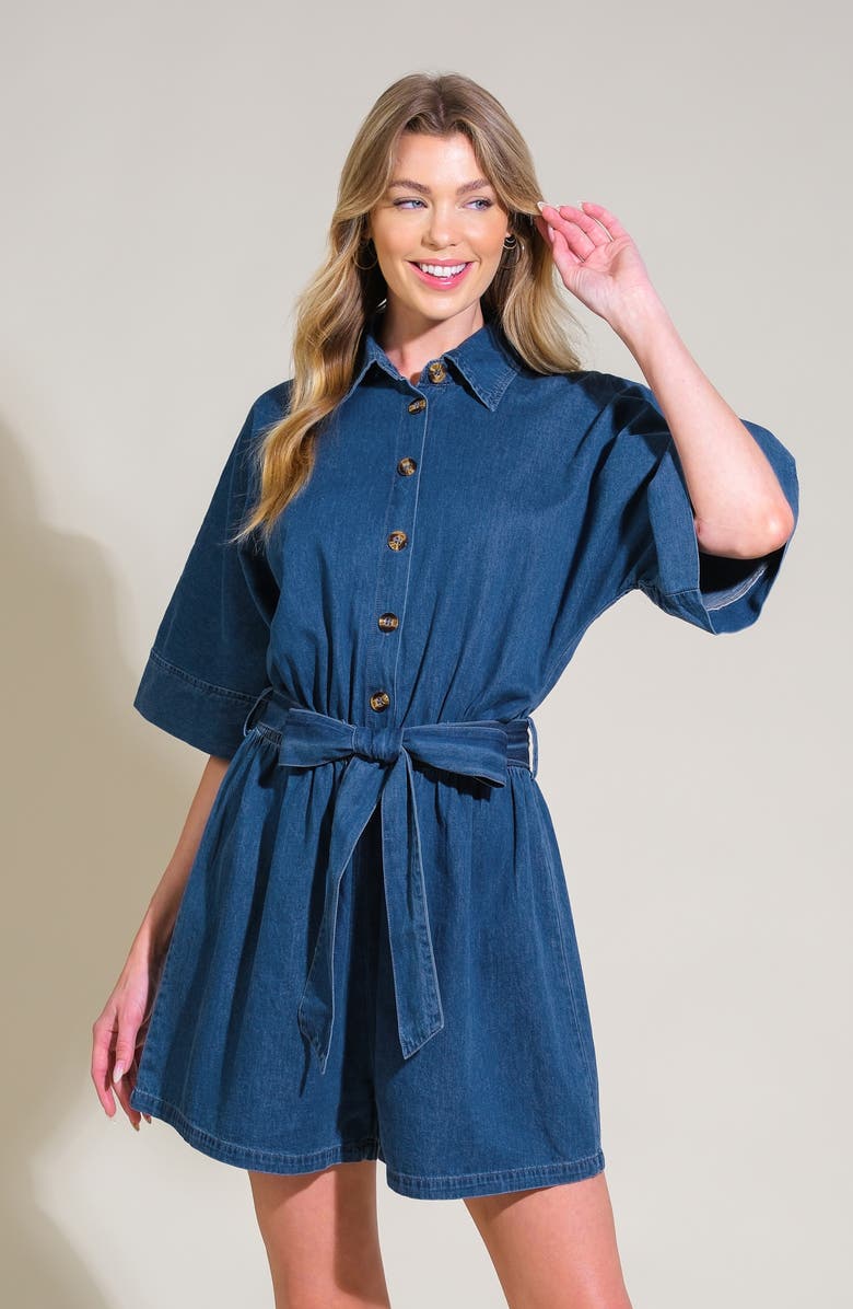 FLYING TOMATO Chambray Tie Waist Romper, Alternate, color, Medium Indigo