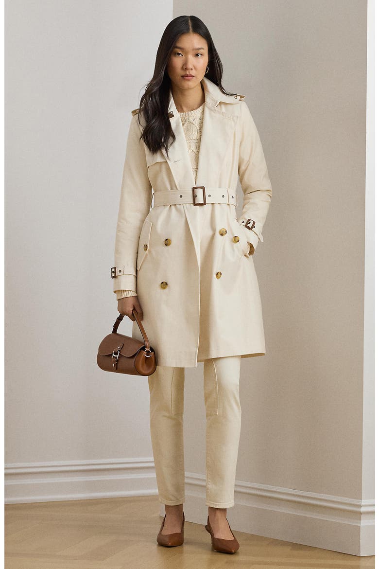 Double Breasted Belted Rain Trench Coat, Alternate, color, MASCARPONE