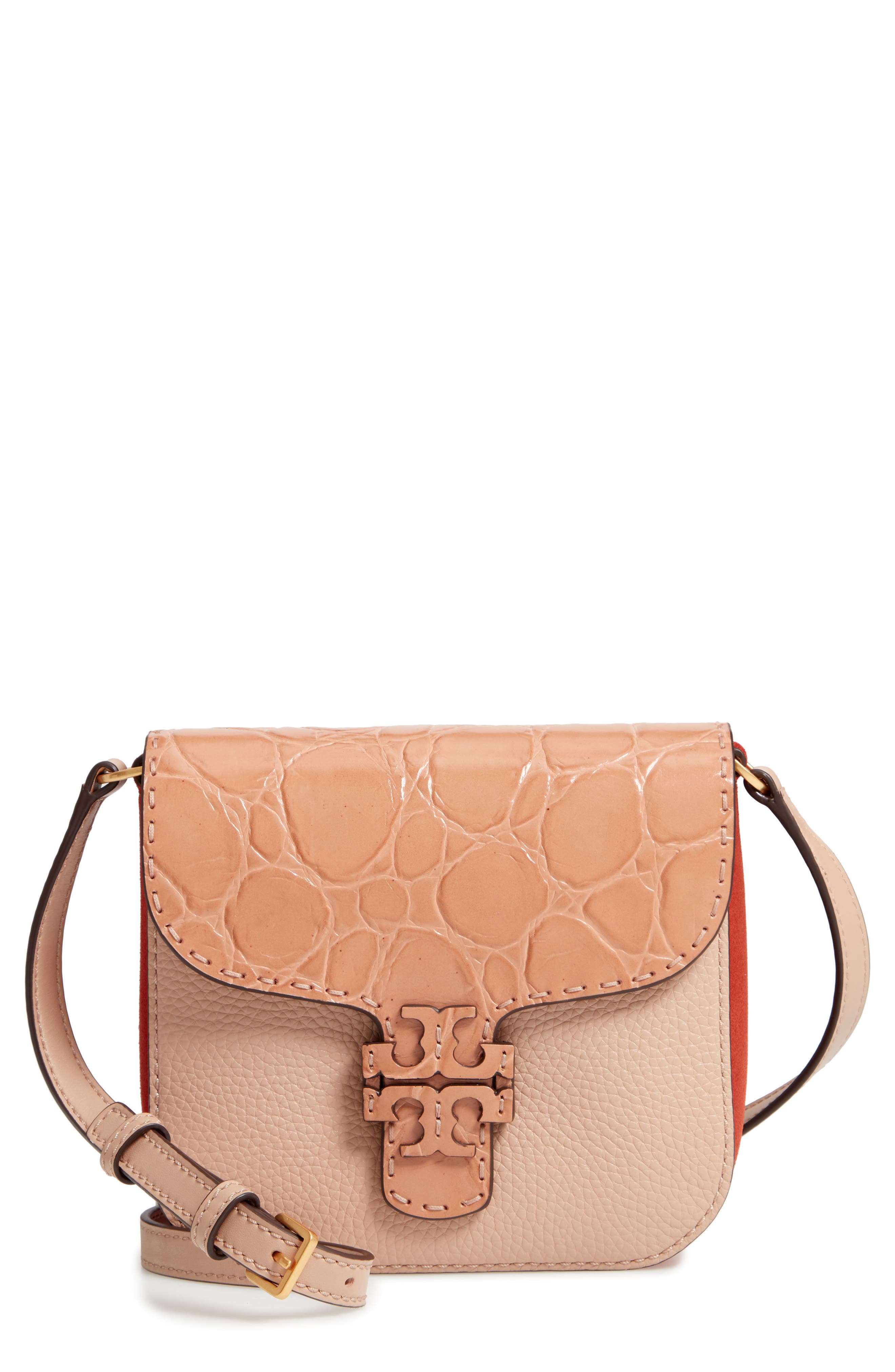 Tory Burch McGraw Croc Embossed Leather Crossbody Bag, Main, color, 