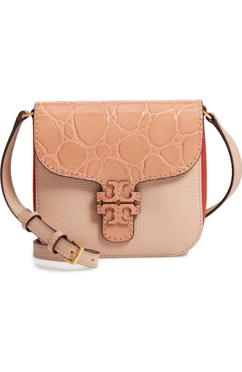 Tory Burch McGraw Croc Embossed Leather Crossbody Bag, Main, color,