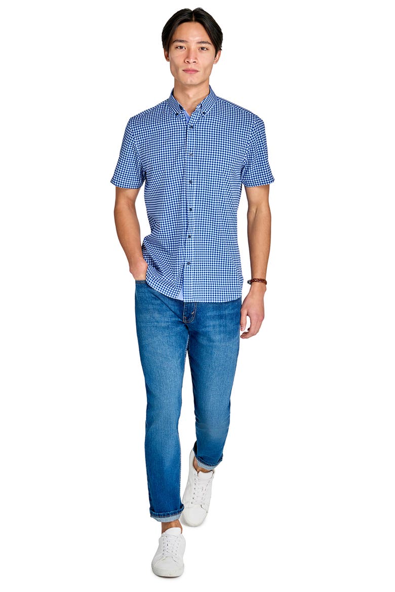 Slim Fit Mini Check Recycled 4-Way Stretch Performance Short Sleeve Shirt, Alternate, color, WHITE/BLUE