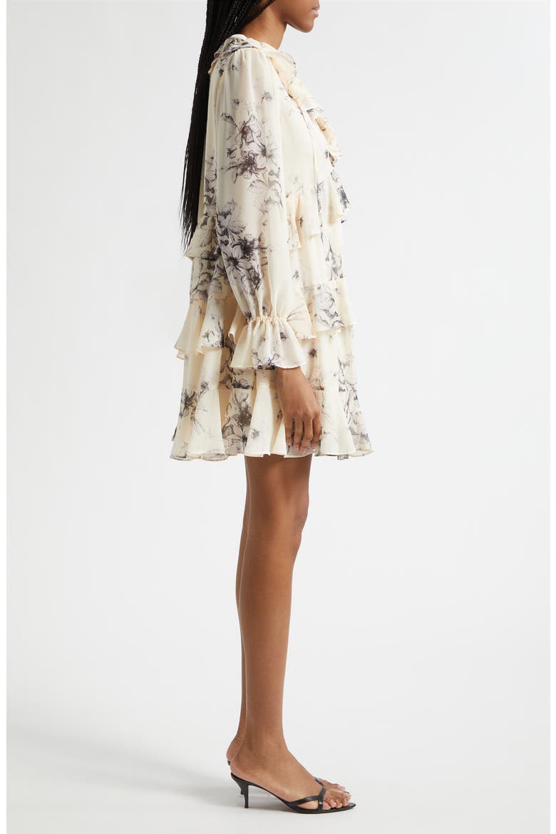 Sacha Floral Tiered Ruffle Trim Dress, Alternate, color, GARDENIA/ BLACK