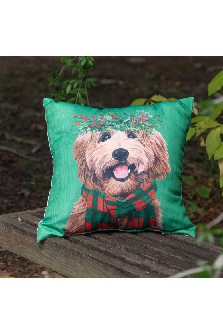 Cute Holiday Labradoodle Dog with Wreath Hat Throw Pillow 18" x 18", Alternate, color, Green