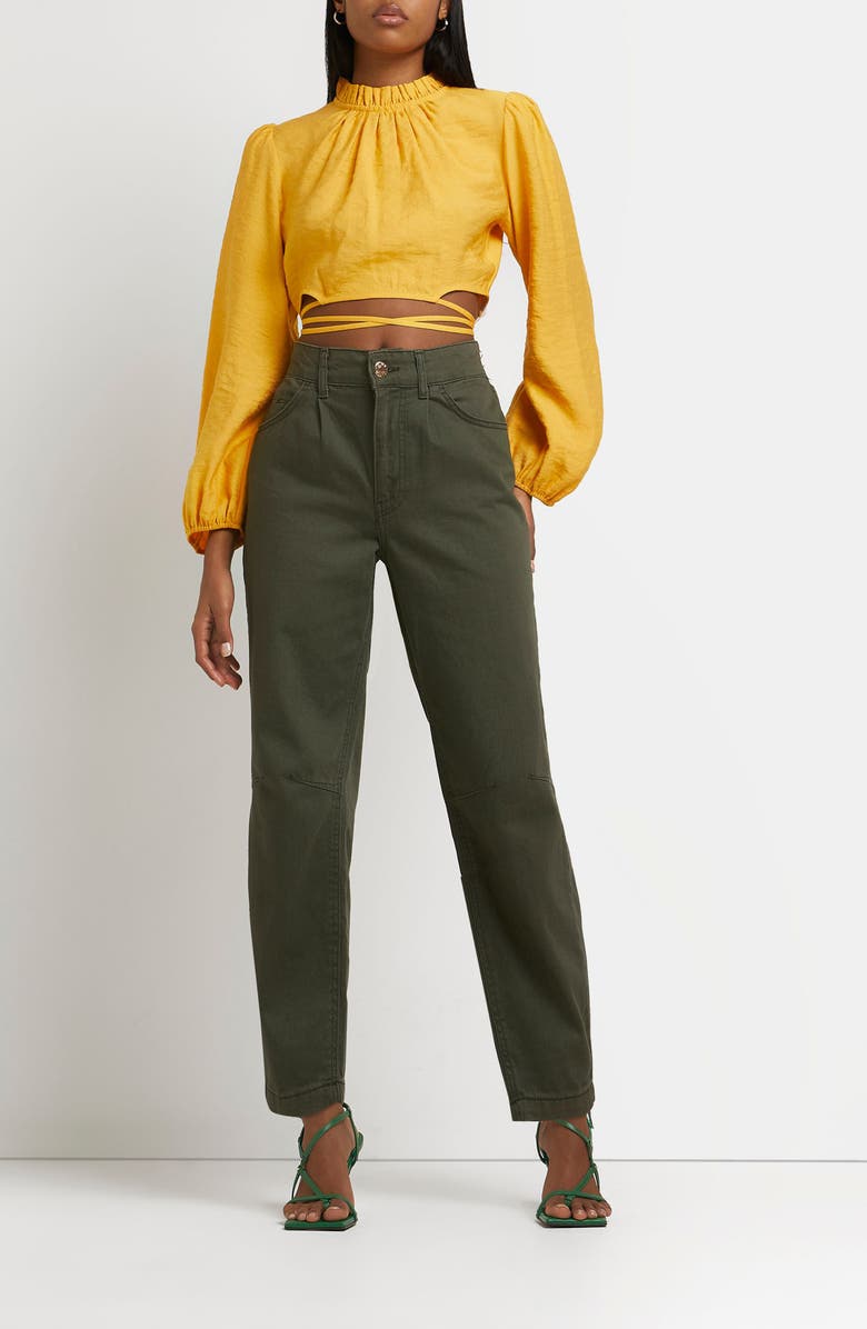 River Island Mock Neck Tie Waist Crop Top, Alternate, color,