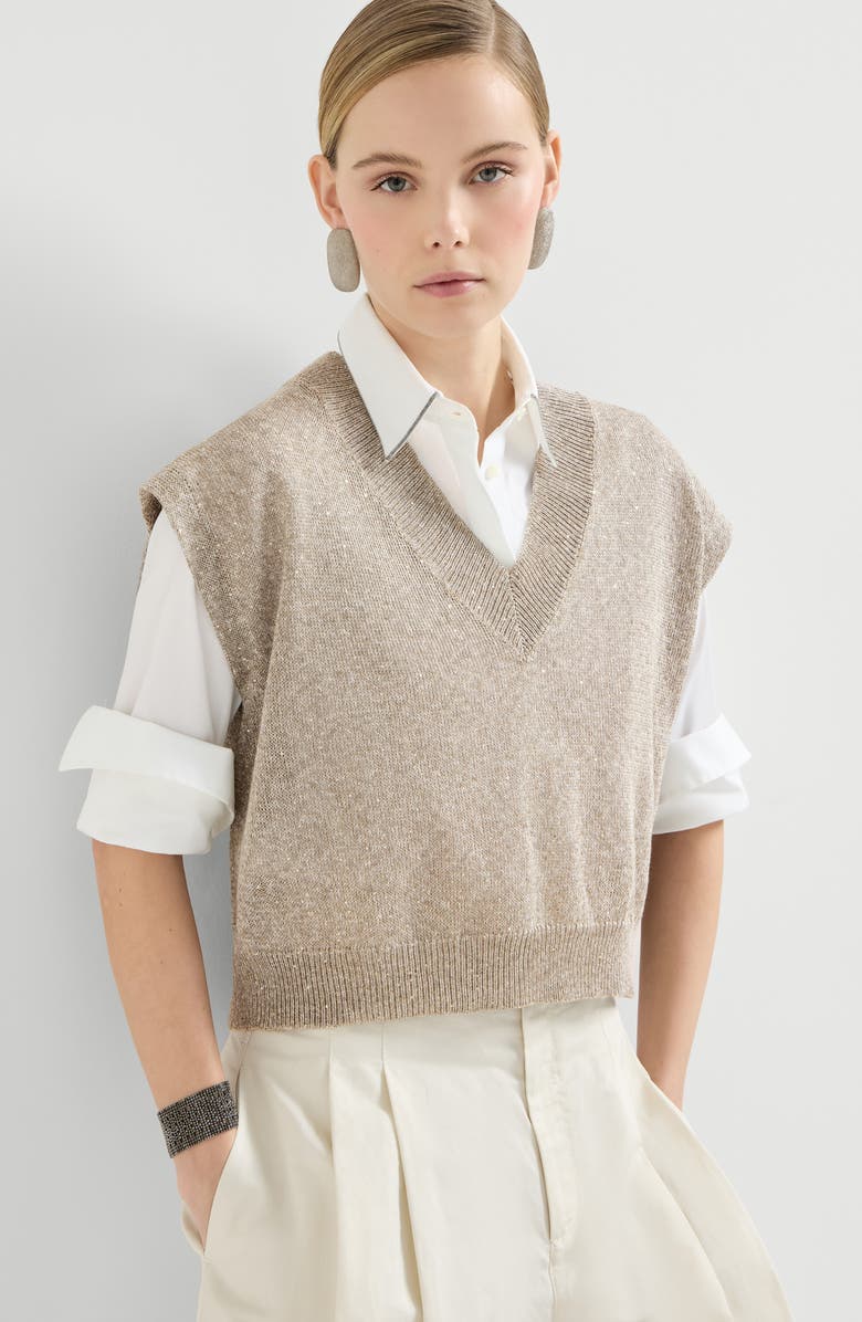 Brunello Cucinelli Linen and cotton Diamond yarn sweater, Alternate, color, Light Brown