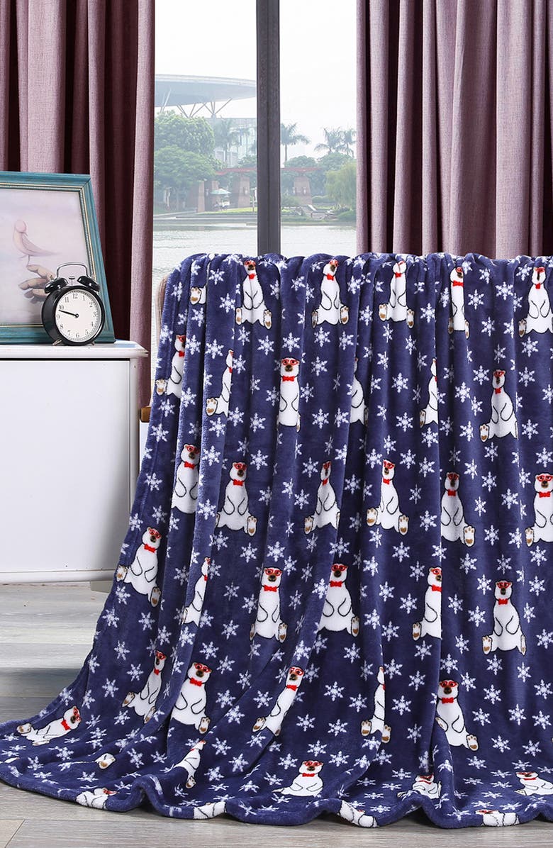 Luxury Home Holiday Bear & Snowflake Plush Fleece Throw Blanket, Alternate, color, Blue