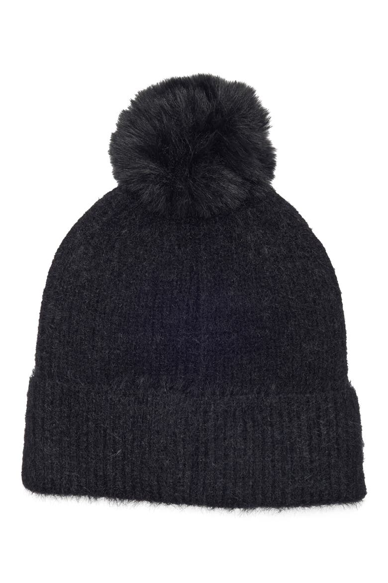 Studded Beanie with Faux Fur Pom, Alternate, color, BLACK