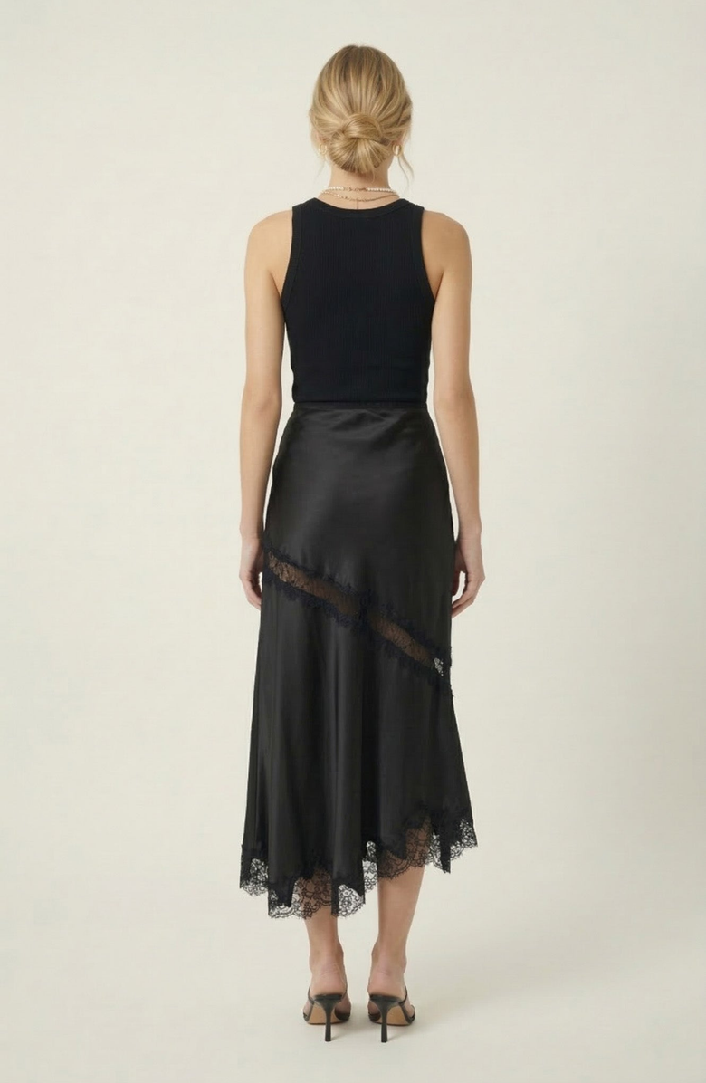 Modenaire Lace Trim Asymmetric Satin Midi Skirt with Contrast Panel, Alternate, color, Black