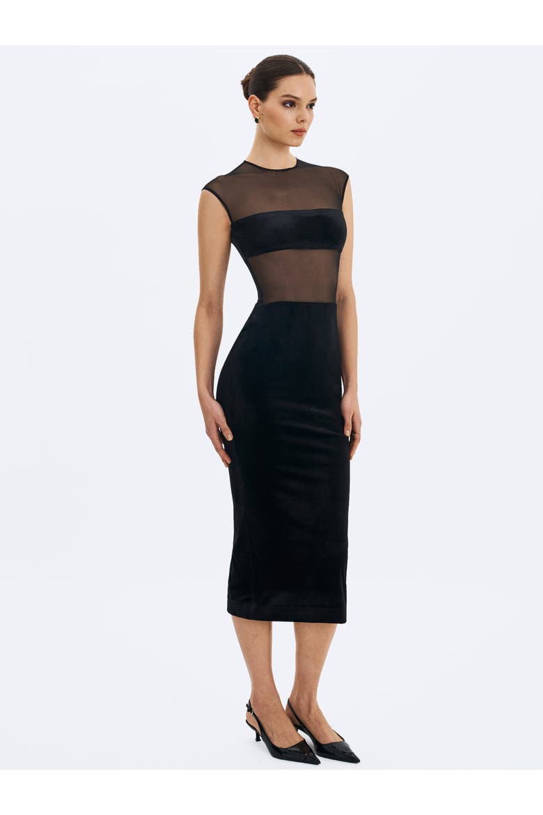 Quielle Mesh and Velvet Midi Bodycon Dress, Alternate, color, Black