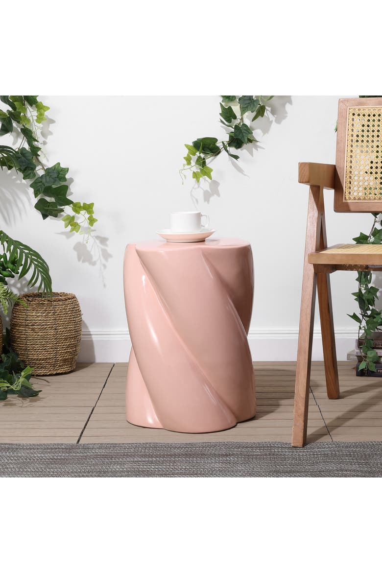 Yves Modern Glossy Ceramic Twisted Garden Stool - Indoor/Outdoor Accent Side Table, End Table, Patio Seat & Plant Stand, Alternate, color, Pink