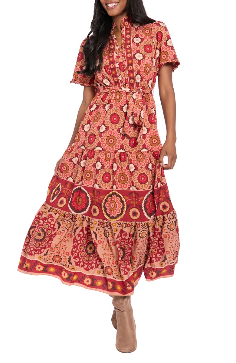 London Times Ruffle Tiered Maxi Dress, Main, color, Sand/ Red